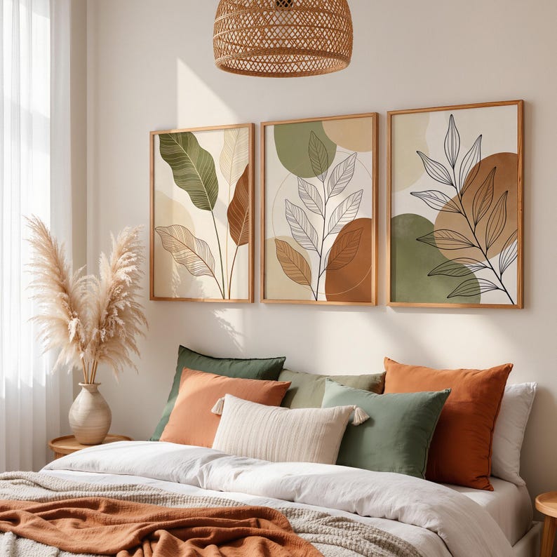 Puede incluir: Tres impresiones art&iacute;sticas bot&aacute;nicas enmarcadas con dise&ntilde;os abstractos de hojas en tonos verdes, marrones y beige. Las impresiones cuelgan sobre una cama con almohadas en colores a juego, creando una est&eacute;tica cohesiva y natural. Una l&aacute;mpara colgante tejida cuelga sobre la cama.