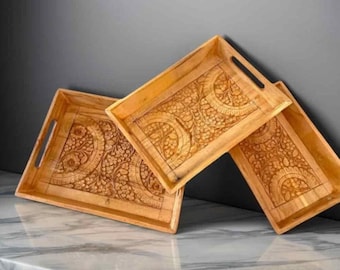 Carved Wooden Tray Set: Rustic Boho Decor, Serving Trays (3 Piece)