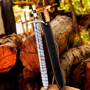 Hand-Forged Damascus Steel Fantasy Sword with Custom Sheath, Double-Edged Blade, Unique Hilt Design, Perfect for Collectors & Cosplay