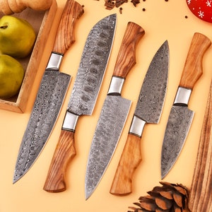 Handmade Damascus Steel Kitchen Knife Set – 5-Piece Professional Chef Knife Collection with Olive Wood Handles, BBQ Chef Knife Set Gift