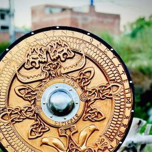 Handmade Viking Shield: Carved Norse Decor, LARP Reenactment Prop