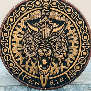 Handmade Fenrir Wolf Viking Shield: Norse Decor, Customizable