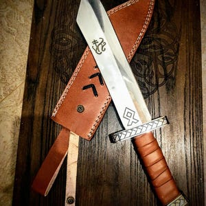 Hand-Forged Viking Seax Knife | Norse Short Sword | Engraved High-Carbon Steel Blade | Leather Wrapped Handle | Custom Handmade Viking Blade