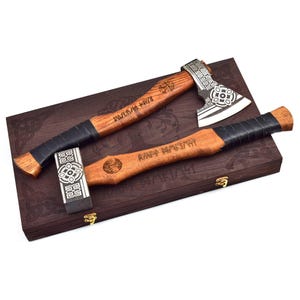 Hand-Forged Viking Axe & Hammer Set | Norse Warrior Gift in Wooden Box | Engraved Nordic Axe and Thor’s Hammer | Viking Collectible Gift