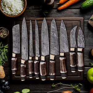 Damascus Steel Kitchen Knife Set | 10 Piece Chef Knife Set with Antler Style Handles | Handmade Cutlery for Cooking & Gifting