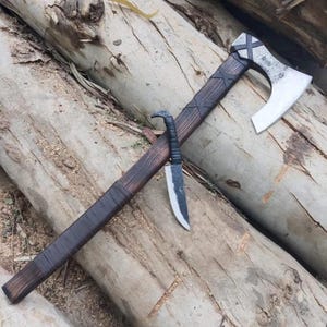Handmade Viking Axe with Knife | Norse Bearded Axe | Tactical Bushcraft Axe | Long Handle Throwing Axe | Survival Camping Hatchet