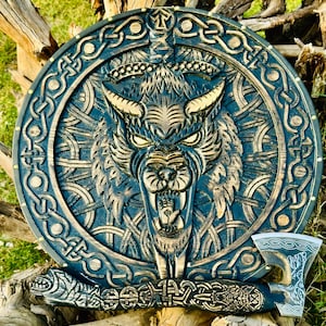 Handmade Viking Shield & Axe Set: Norse Wolf Carved Wooden Decor
