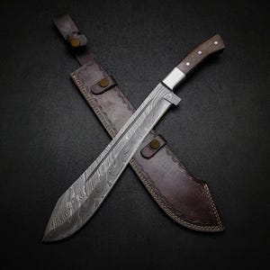 Handmade Damascus Steel Machete: 18&quot; Hunting Knife with Leather Sheath