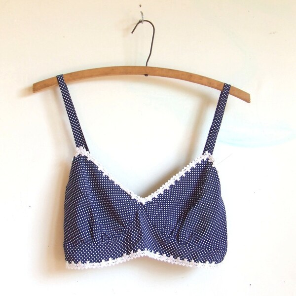 vintage 1980's blue gingham bra with white flower trim