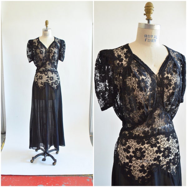 Vintage 1940s black LACE evening dress