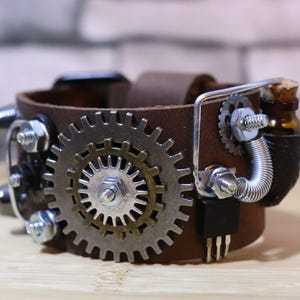The Junkyard Chemist, Steampunk Bracelet, Brown Leather Steampunk Arm Belt, Steampunk Leather Band, Handmade One-of-a-Kind Leather Bracelet