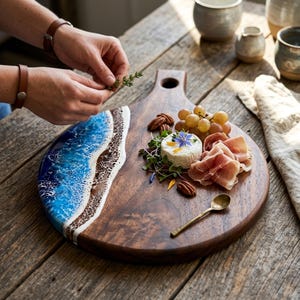 Planche de charcuterie en résine noyer océan, planche de service ronde, planche à fromages faite main, décoration de cuisine côtière, cadeau de pendaison de crémaillère