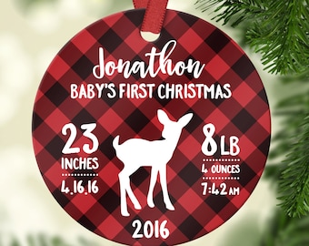 Babys First Christmas Ornament Personalized New Baby Gift Plaid 7030