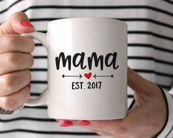 New Mom Gift Baby Shower Gift for Mom Mama Established 2017 New Mother Gift New Mom Gift from Friend Mom Mug Mom Birthday Gift Red Mug 1049A