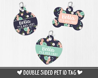 Dog Tags for Dogs Personalized Double Sided Pet ID Tag Dog ID Tag Puppy Tag Floral Mint Pink Navy Blue Cute 3399