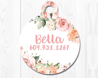 Cute Cat Tag Cat ID Tag Dog Tag Personalized Pet Tag Peach Pink Floral 3023