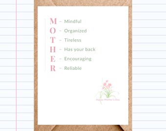 Mother's Day Acrostic Card | Definition Card - Positive Attributes | GC300