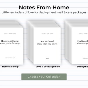 May include: Three stacks of white note cards titled Notes From Home with the subtitles Home & Family, Love & Encouragement, and Strength & Faith. Each stack features printed text including phrases like Home is still home when you are far away.