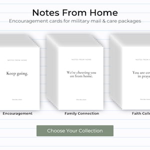 May include: White encouragement cards with text: "Keep going," "We're cheering you on from home," and "You are covered in prayer." The cards are labeled "Encouragement," "Family Connection," and "Faith Collection." The image also includes the text "Notes From Home."