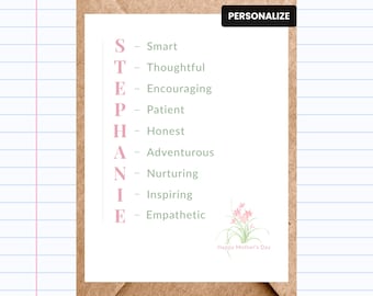 Mother’s Day Card - Personalized Acrostic Name | Definition Card - Positive Attributes | GC291