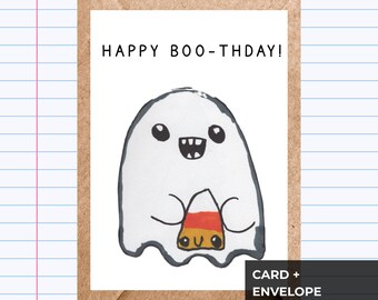 Kawaii Ghost Birthday Card: Happy Boo-thday, Hand-Drawn by Kid Artist | GC068