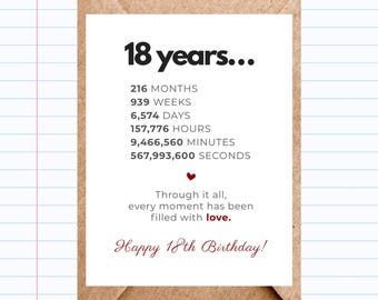May include: A birthday card with the text "18 years..." in black. The card lists the equivalent time in months, weeks, days, hours, minutes, and seconds. The card also includes the text "Happy 18th Birthday!"