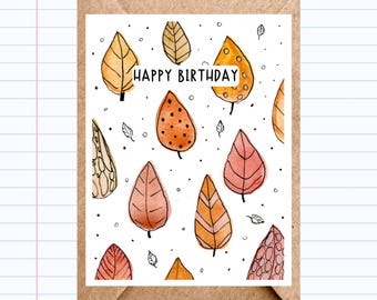 Watercolor Birthday Card with Autumn Fall Leaves – Hand Drawn Greeting Card | GC096