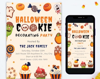 Halloween Cookie Decorating Party Invitation: Witch, Ghost, Pumpkin Theme (Digital Download Canva Template)