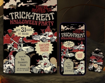 Retro Red Halloween Invitation: Gothic Vintage Canva Template (Digital Download)