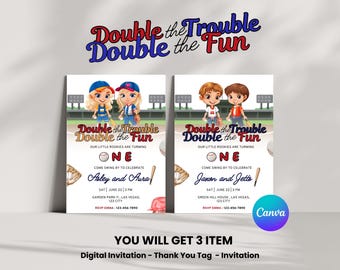 Twins Baseball Birthday Invitation: Rookie of the Year, Editable Canva Template (Printable Digital Download)