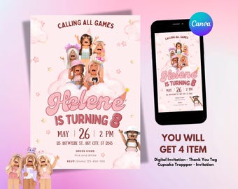 Roblox Birthday Invitation: Gamer Girl Party, Editable Canva Template (Digital Download, PDF/PNG Included)