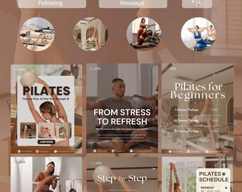 Pilates Instagram Templates, Wellness Coach Social Media Pack and Pilates Studio Content