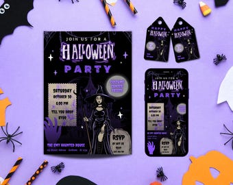 Spooky Purple Halloween Invite, Editable Canva Template, Witch Party Invitation, Instant Download Digital Invite