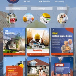 Instagram-sjablonen voor de bouwsector | 50 Canva-berichten + Story voor aannemersmarketing | Socialmediakit voor bouwbedrijven