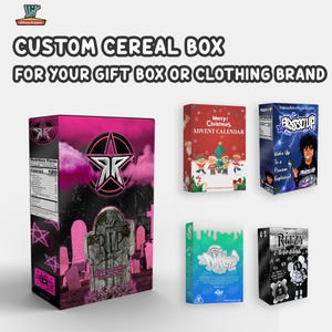 May include: Five different custom cereal box designs. The boxes feature various colours, graphics, and text. The boxes are all rectangular and have a similar design. The boxes are all for different brands and products. The boxes are all for sale.