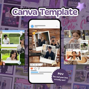 Könnte beinhalten: Ein Canva-Vorlagendesign mit einem Mock-up eines Instagram-Beitrags mit mehreren Fotos. Die Vorlage enthält den Text "Canva Template", "About Me" und "Vlog in Paris!". Das Design enthält verschiedene Bild- und Textelemente.