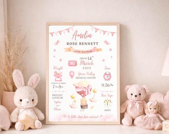 Personalized Baby Birth Stats Print, Girl Nursery Art, Newborn Keepsake, Zodiac Poster (Digital Download)
