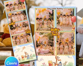 May include: A vertical and rectangular photo collage featuring Winnie the Pooh characters and children at a birthday party. The text reads Our Little Hunny, Ruby is Two, and Our Little Hunny. The design includes illustrations of Pooh, Tigger, Eeyore, and Piglet.