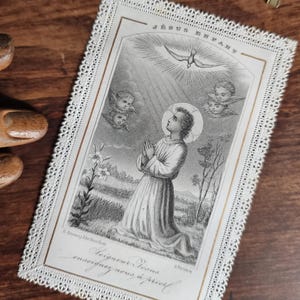 French antique Holy prayer card devotion to the Infant Jesus 'teach us to pray'