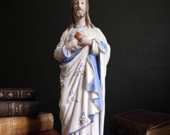 アンティークのイエスの聖心の素焼き磁器像 - Etsy 日本