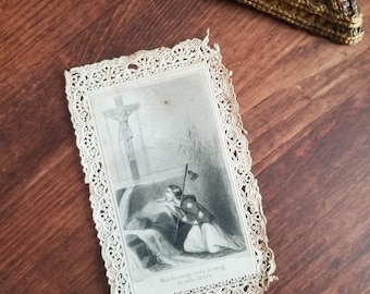French antique Holy prayer card blood of Jesus devotion with lace cut paper border
