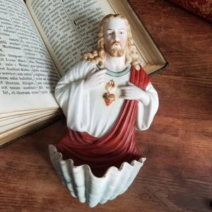 Antique Sacred Heart of Jesus bisque porcelain Holy water font