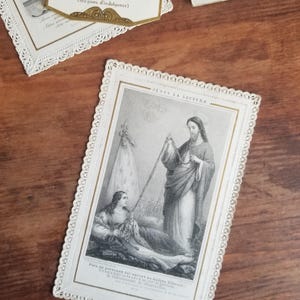 Franse antieke heilige gebedskaart toewijding aan Jezus, de redder van Frankrijk met kant gesneden papieren rand