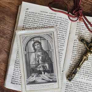 Franse antieke heilige gebedskaart Christus in de gezegende gevangenis van het heiligdom