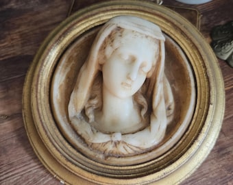 Vintage French wax high relief portrait of the Virgin Mary in gold painted frame