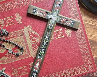 Antique Italian Micro Mosaic Micromosaic Cross Crucifix Bird
