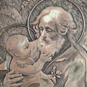 Vintage Sint-Jozef met kindje Jezus gegraveerde koperen plaquette naar Guido Reni