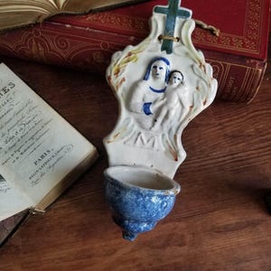 Antique French Holy water font with Mary holding the Infant Jesus
