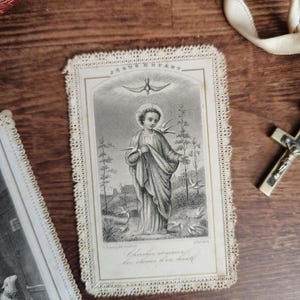 French antique Holy prayer card Infant Jesus making clay birds