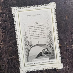 Franse antieke heilige gebedskaart voor Jezus met kant gesneden papieren rand.